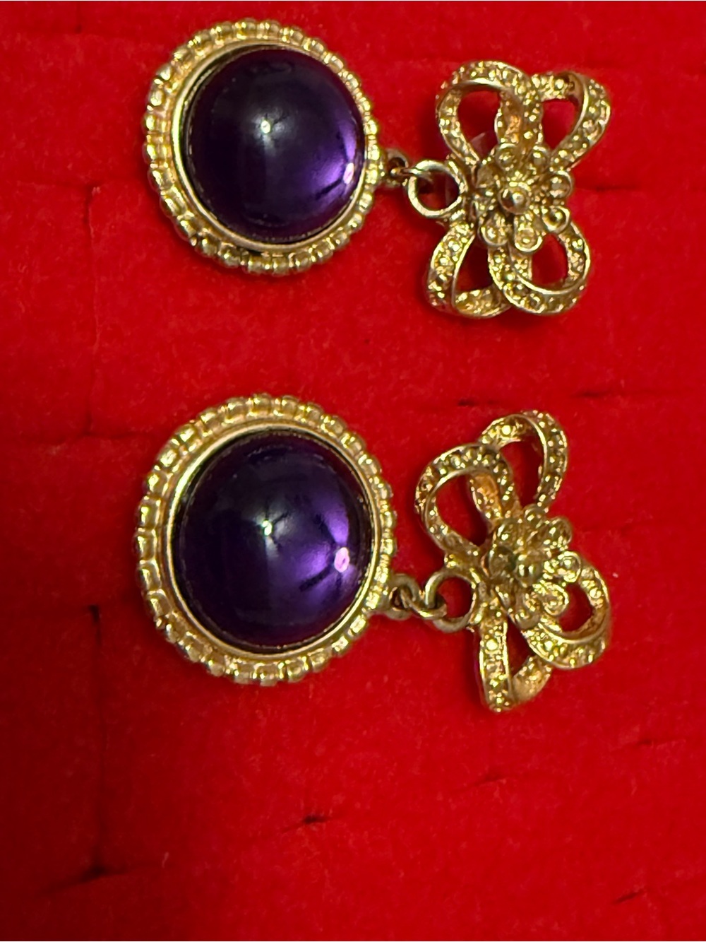 Vintage Gold-Tone Purple Cabochon Drop Earrings - Elegant Women’s Jewelry